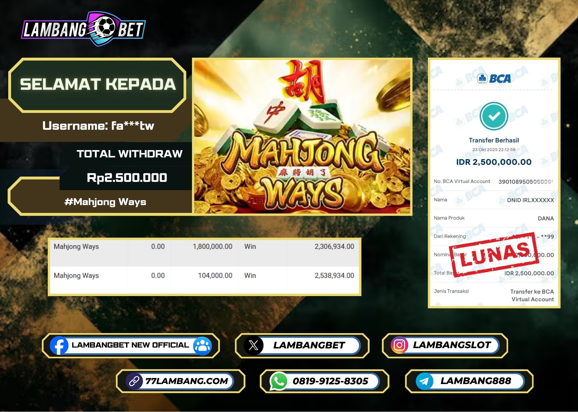 LAMBANGBET [23 OKTOBER 2025] JACKPOT SLOT Mahjong Ways "Rp2.500.000" LUNAS
